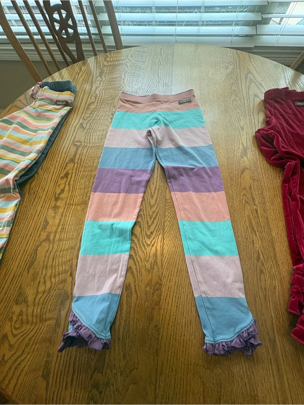 Matilda Jane Size 8 Girls Leggings Lot 4 Pair Velour Ruffles Stripes Crops EUC